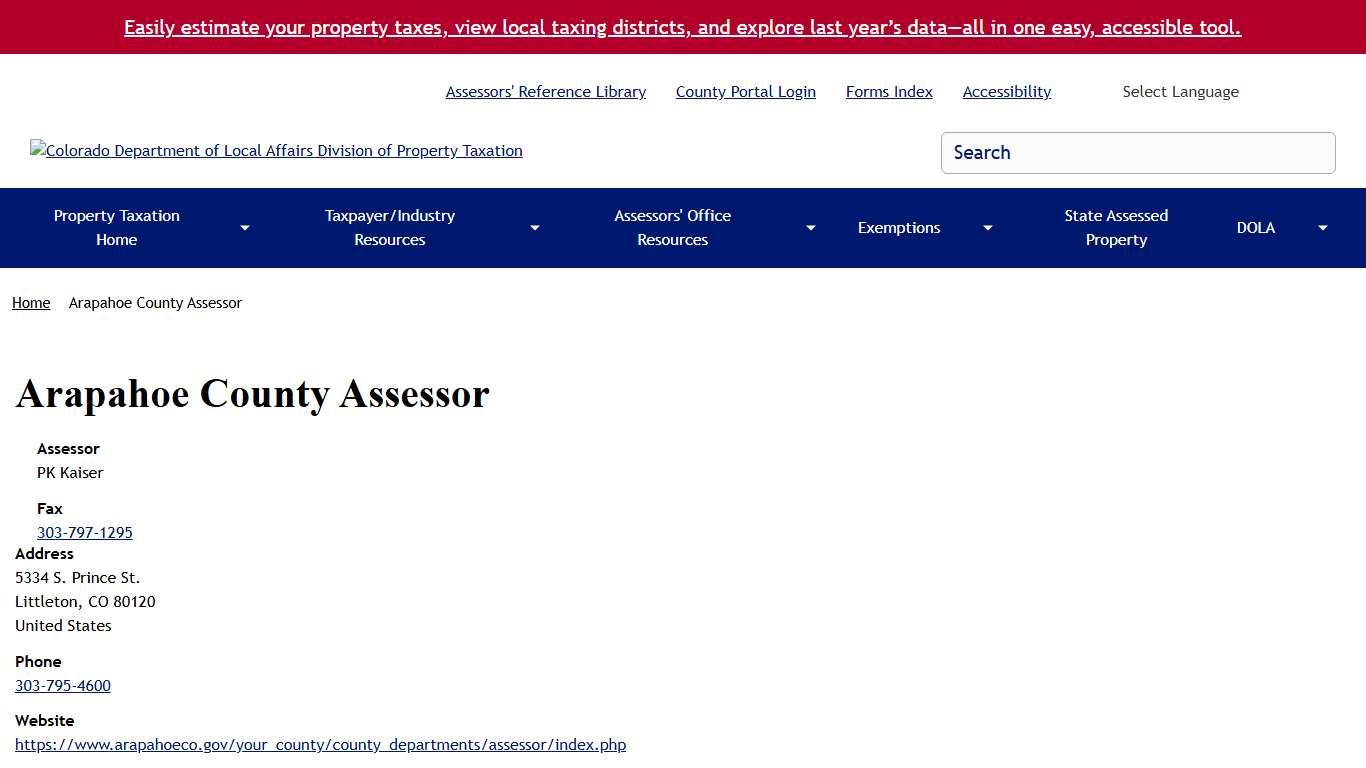 Arapahoe County Assessor Colorado Department of Local Affairs Division of Property Taxation